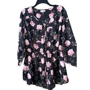 Plus Size Black Tie-Waist Blouse - Pink Rose Print, Zip Front, Flowy 2X Top